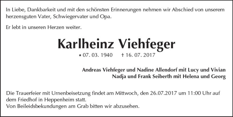  Traueranzeige für Karlheinz Viehfeger vom 19.07.2017 aus Trauerportal Echo Online