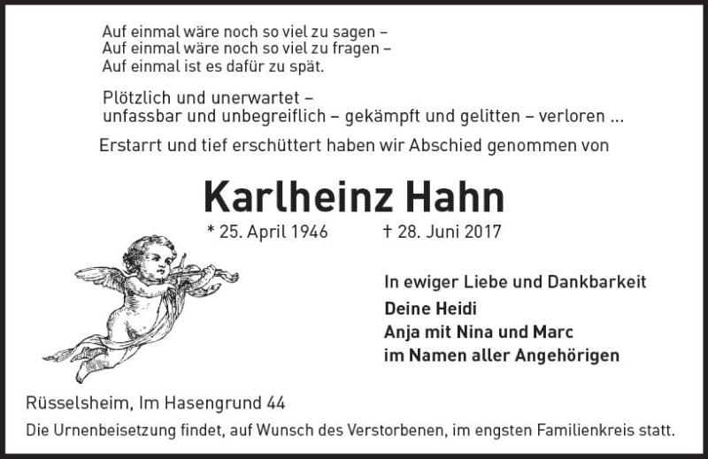  Traueranzeige für Karlheinz Hahn vom 01.07.2017 aus Trauerportal Rhein Main Presse