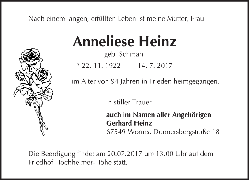  Traueranzeige für Anneliese Heinz vom 19.07.2017 aus Trauerportal Rhein Main Presse