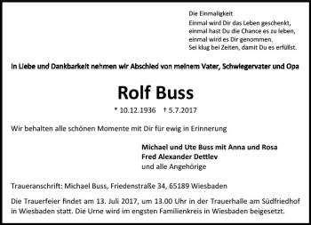 Traueranzeige von Rolf Buss von Trauerportal Rhein Main Presse
