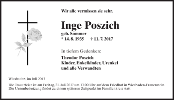 Traueranzeige von Inge Poszich von Trauerportal Rhein Main Presse