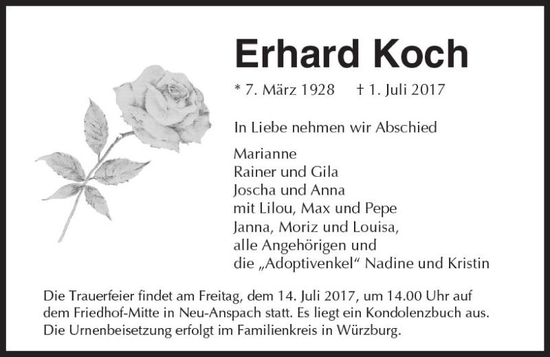 Traueranzeige für Erhard Koch vom 08.07.2017 aus  Usinger Anzeiger