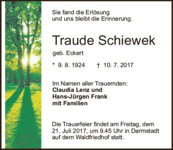 Traueranzeige von Traude Schiewek von Trauerportal Echo Online