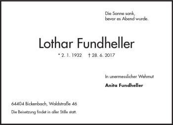 Traueranzeige von Lothar Fundheller von Trauerportal Echo Online
