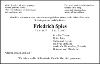 Traueranzeige von Friedrich Spies von  Gießener Anzeiger