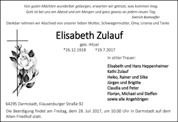 Traueranzeige von Elisabeth Zulauf von Trauerportal Echo Online