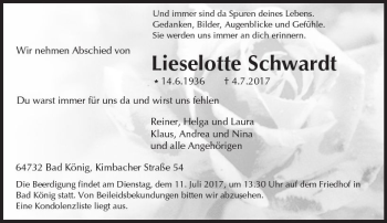 Traueranzeige von Lieselotte Schwardt von Trauerportal Echo Online