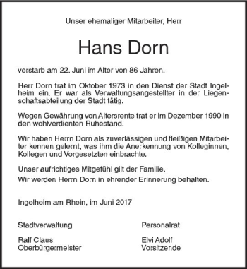 Traueranzeige von Hans Dorn von Trauerportal Rhein Main Presse