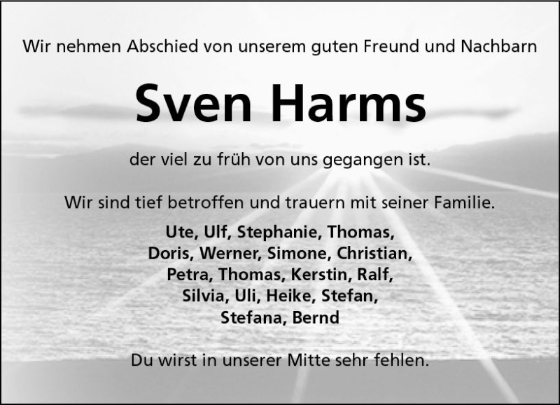  Traueranzeige für Sven Harms vom 10.07.2017 aus Trauerportal Echo Online
