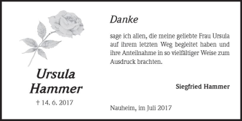 Traueranzeige von Ursula Hammer von Trauerportal Rhein Main Presse