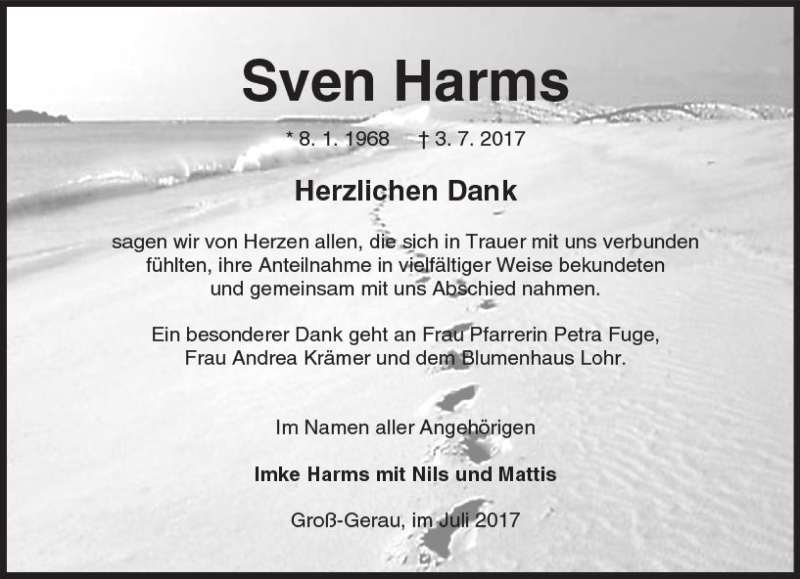  Traueranzeige für Sven Harms vom 22.07.2017 aus Trauerportal Echo Online
