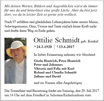 Traueranzeige von Ottilie Schmidt von  Kreisanzeiger