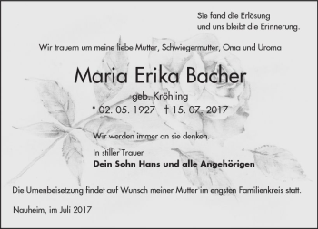 Traueranzeige von Maria Erika Bacher von Trauerportal Echo Online