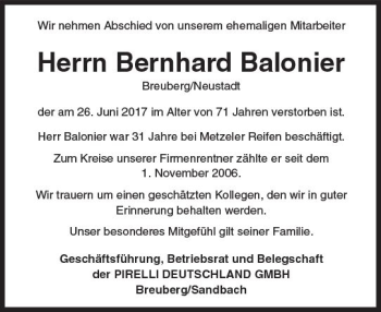 Traueranzeige von Bernhard Balonier von Trauerportal Echo Online