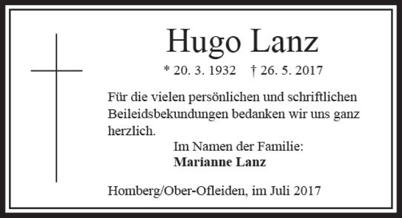  Traueranzeige für Hugo Lanz vom 01.07.2017 aus VRM Trauer