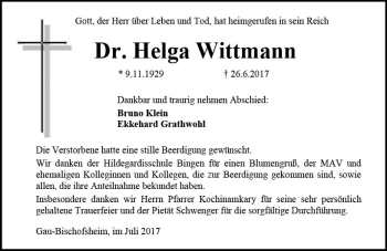 Traueranzeige von Helga Wittmann von Trauerportal Rhein Main Presse