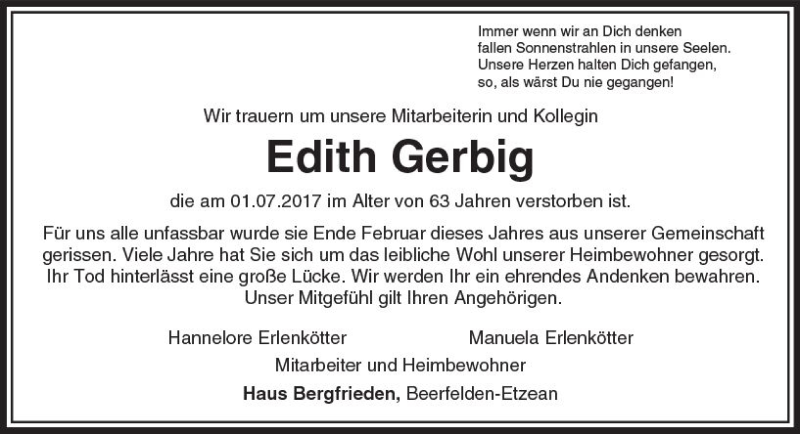 Traueranzeige für Edith Gerbig vom 08.07.2017 aus Trauerportal Echo Online