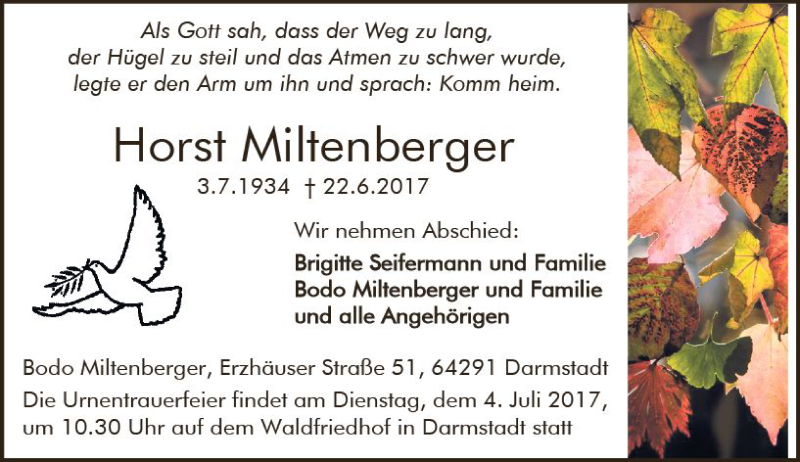  Traueranzeige für Horst Miltenberger vom 01.07.2017 aus Trauerportal Echo Online