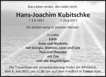 Traueranzeige von Hans-Joachim Kubitschke von Trauerportal Echo Online