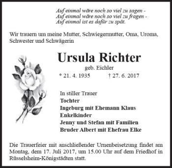 Traueranzeige von Ursula Richter von Trauerportal Rhein Main Presse