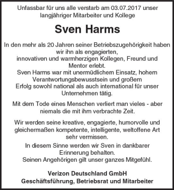 Traueranzeige von Sven Harms von Trauerportal Echo Online