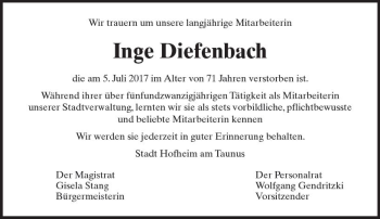 Traueranzeige von Inge Diefenbach von Trauerportal Rhein Main Presse