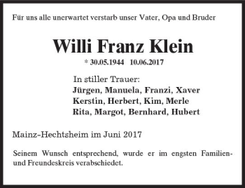 Traueranzeige von Willi Franz Klein von Trauerportal Rhein Main Presse