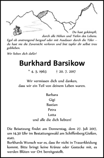 Traueranzeige von Burkhard Barsikow von  Gießener Anzeiger