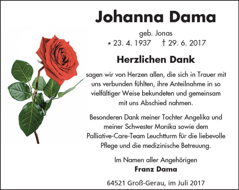 Traueranzeige für Johanna Dama vom 15.07.2017 aus Trauerportal Echo Online