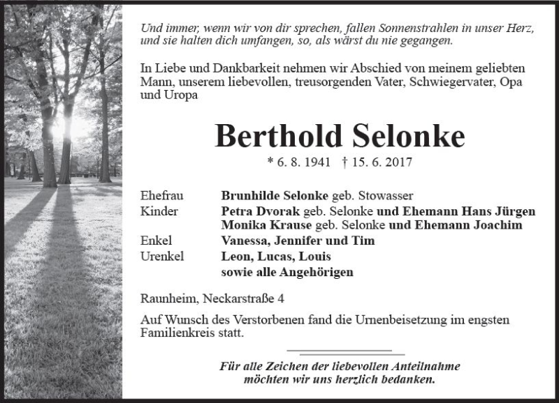  Traueranzeige für Berthold Selonke vom 01.07.2017 aus Trauerportal Rhein Main Presse