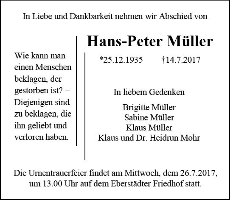  Traueranzeige für Hans-Peter Müller vom 22.07.2017 aus Trauerportal Echo Online