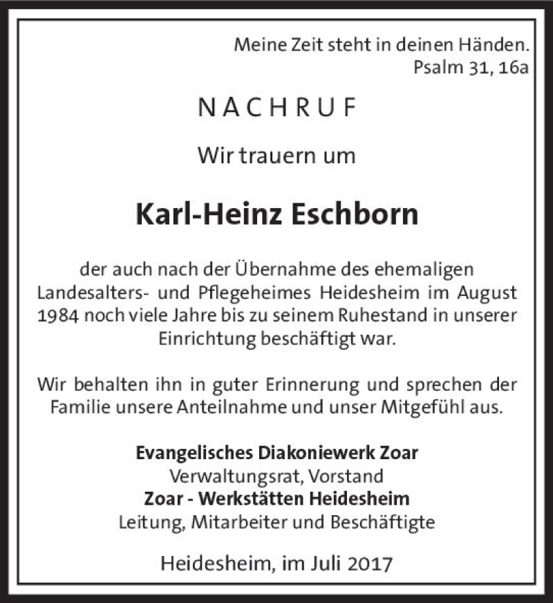  Traueranzeige für Karl-Heinz Eschborn vom 13.07.2017 aus Trauerportal Rhein Main Presse