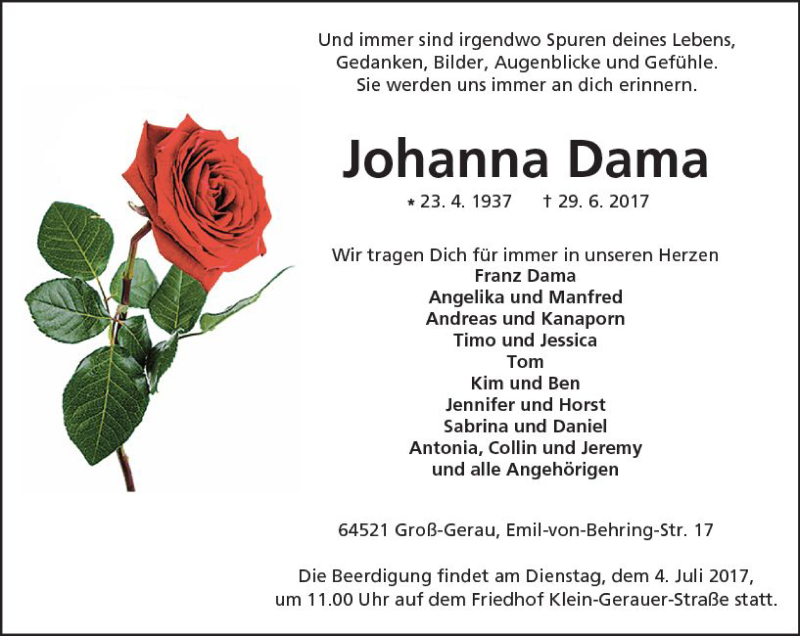  Traueranzeige für Johanna Dama vom 01.07.2017 aus Trauerportal Echo Online