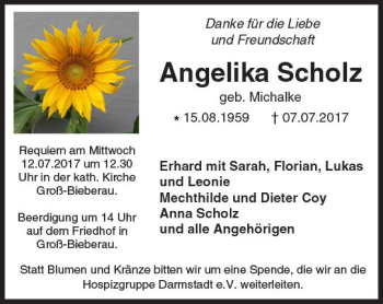 Traueranzeige von Angelika Scholz von Trauerportal Rhein Main Presse