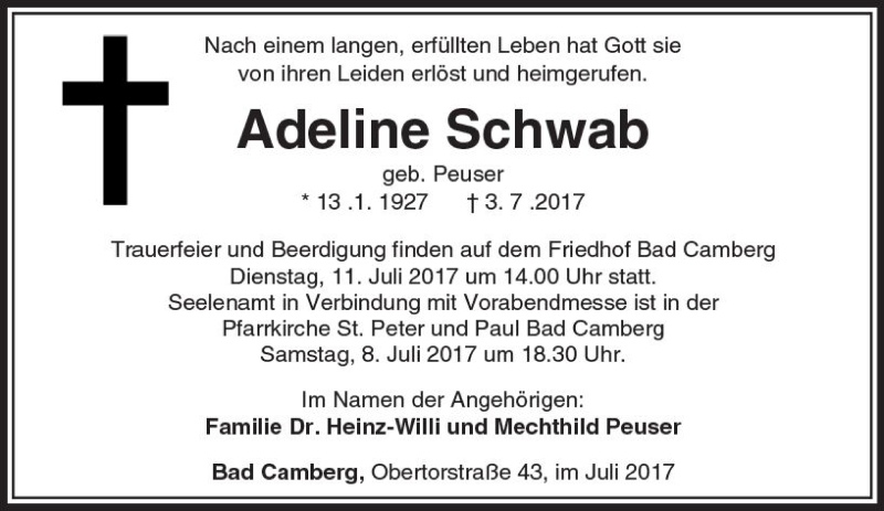  Traueranzeige für Adeline Schwab vom 06.07.2017 aus  Camberger Anzeiger