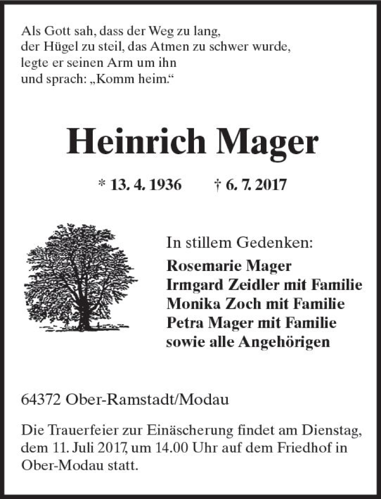  Traueranzeige für Heinrich Mager vom 08.07.2017 aus Trauerportal Echo Online