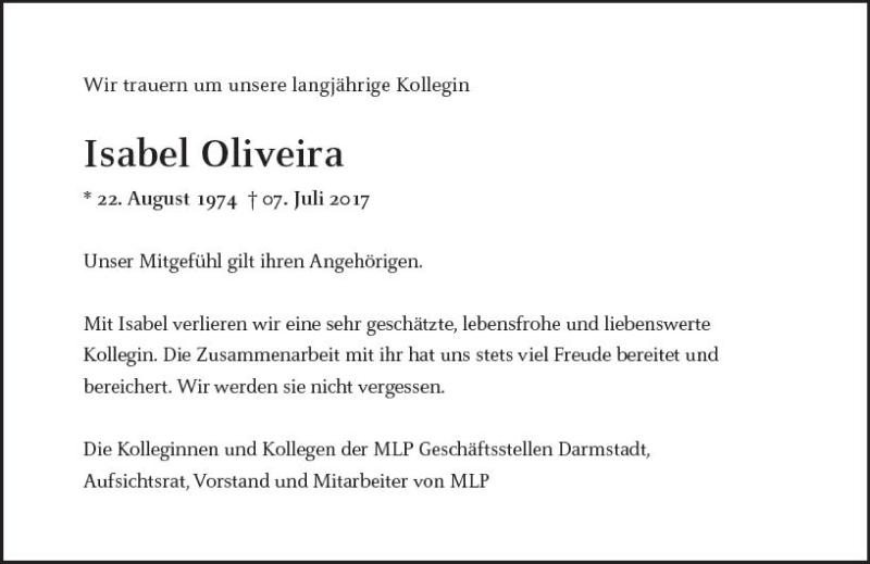  Traueranzeige für Isabel Oliveira vom 22.07.2017 aus Trauerportal Rhein Main Presse