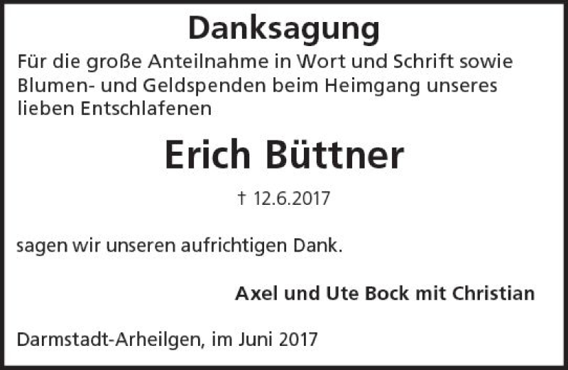  Traueranzeige für Erich Büttner vom 01.07.2017 aus Trauerportal Echo Online