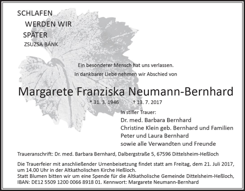  Traueranzeige für Margarete Franziska Neumann-Bernhard vom 18.07.2017 aus Trauerportal Rhein Main Presse