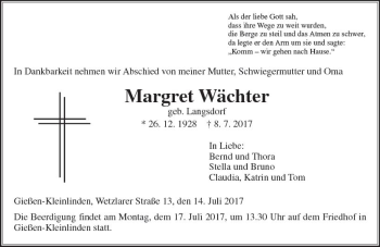 Traueranzeige von Margret Wächter von  Gießener Anzeiger