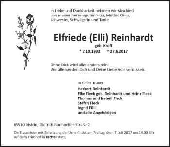 Traueranzeige von Elfriede Reinhardt von Trauerportal Rhein Main Presse