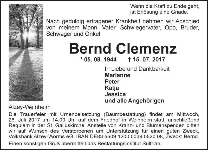  Traueranzeige für Bernd Clemenz vom 19.07.2017 aus Trauerportal Rhein Main Presse