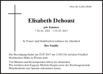 Traueranzeige von Elisabeth Dehoust von Trauerportal Rhein Main Presse