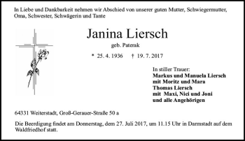 Traueranzeige von Janina Liersch von Trauerportal Echo Online
