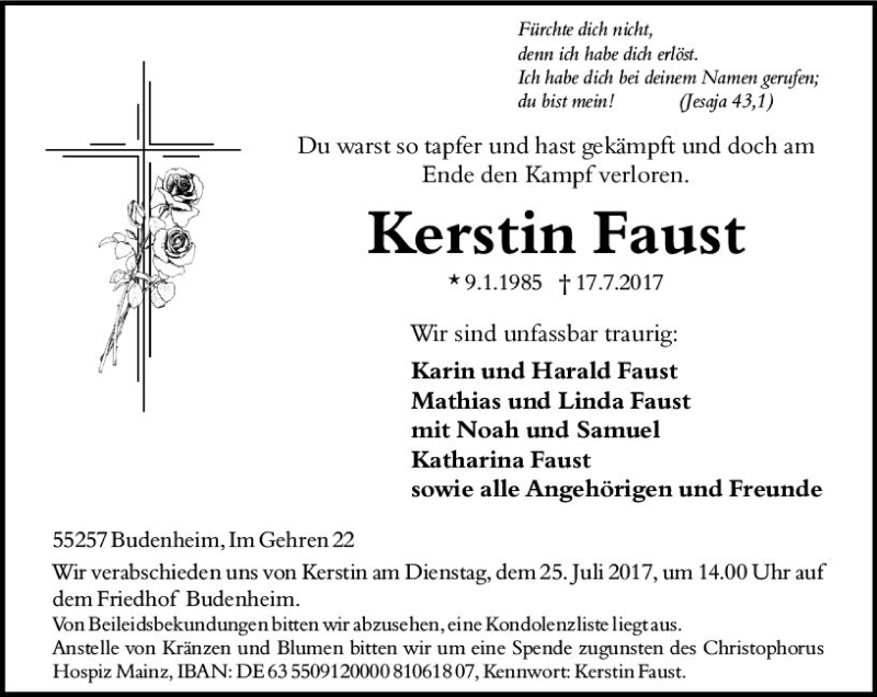  Traueranzeige für Kerstin Faust vom 22.07.2017 aus Trauerportal Rhein Main Presse