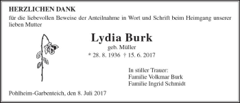 Traueranzeige von Lydia Burk von  Gießener Anzeiger