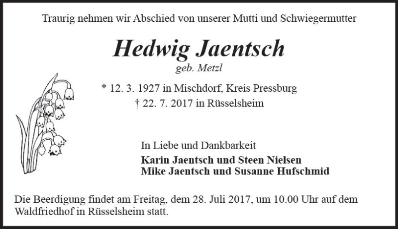  Traueranzeige für Hedwig Jaentsch vom 26.07.2017 aus Trauerportal Rhein Main Presse