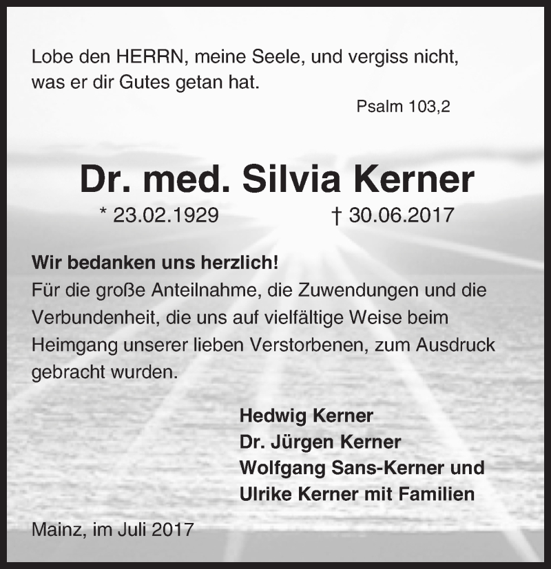  Traueranzeige für Silvia Kerner vom 15.07.2017 aus Trauerportal Rhein Main Presse