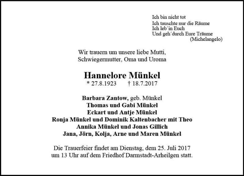  Traueranzeige für Hannelore Münkel vom 22.07.2017 aus Trauerportal Echo Online