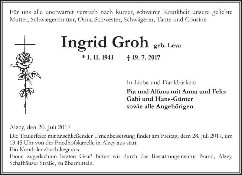  Traueranzeige für Ingrid Groh vom 20.07.2017 aus Trauerportal Rhein Main Presse